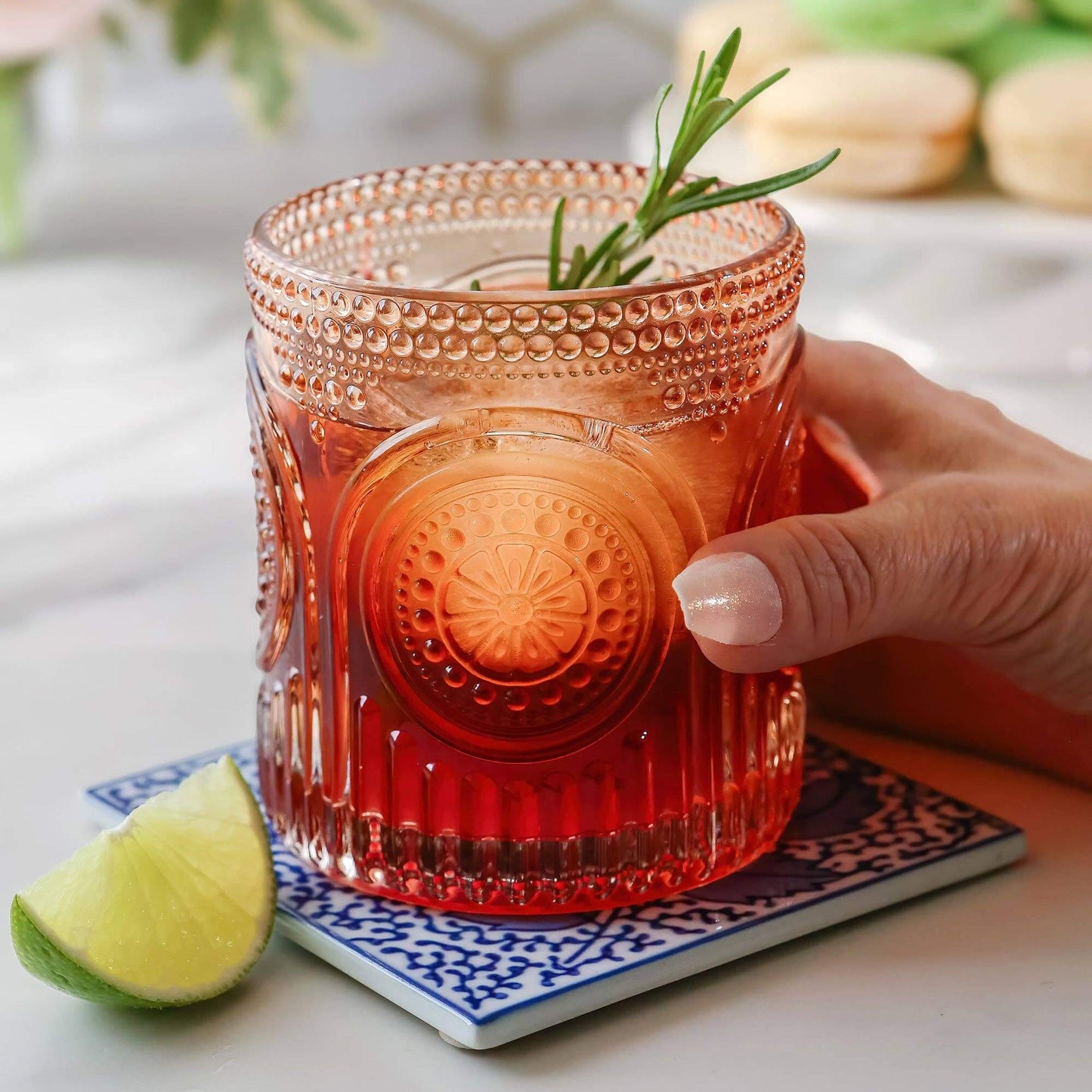10 oz. Ribbed Retro Arch Floral Rose Gold Drinking Glasses