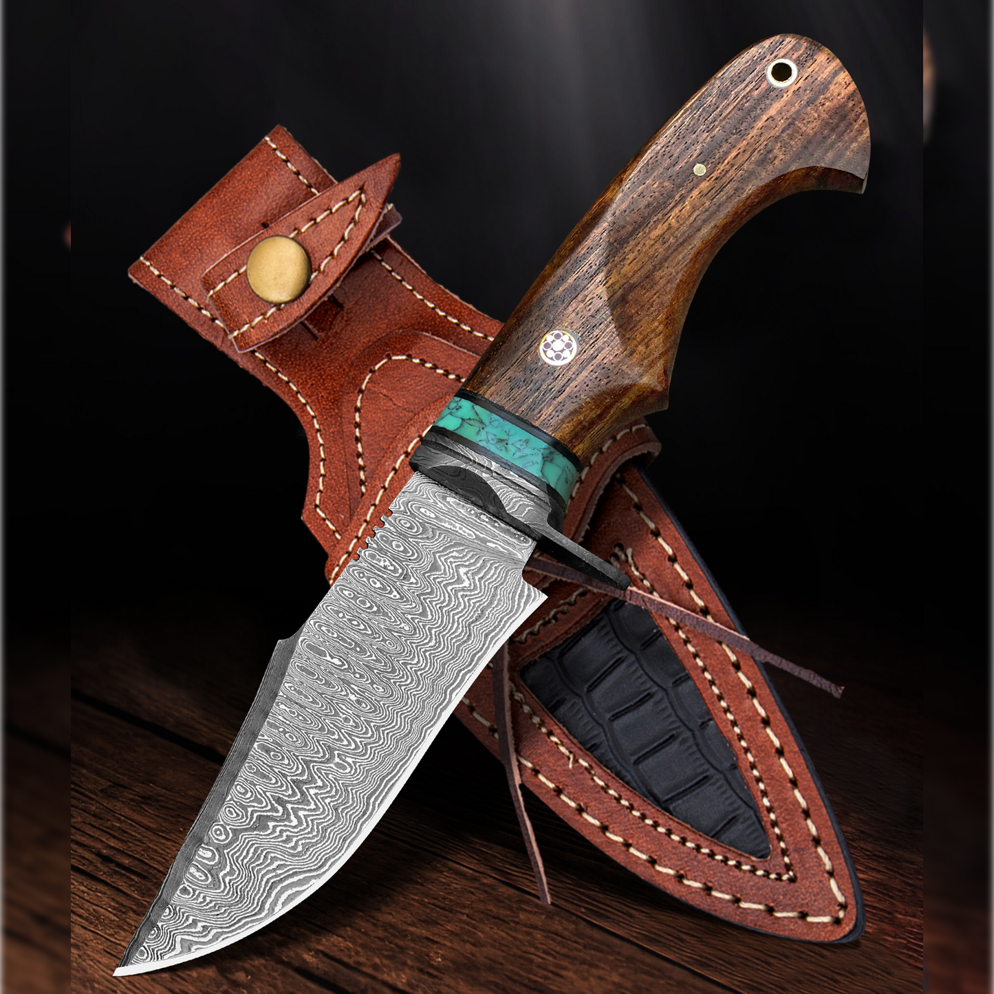 10" Handmade damascus steel knife with leather sheath