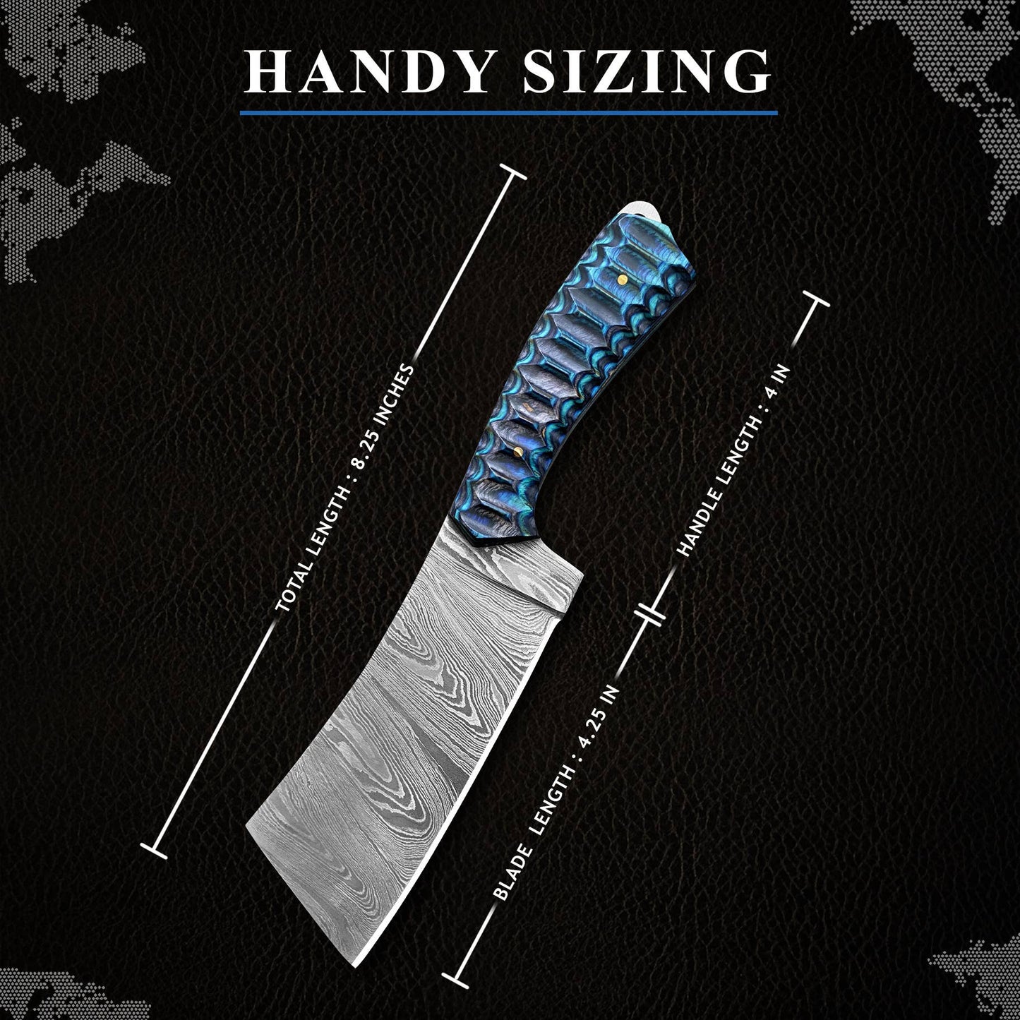 8.25" Handmade damascus Cleaver knife with leather sheath