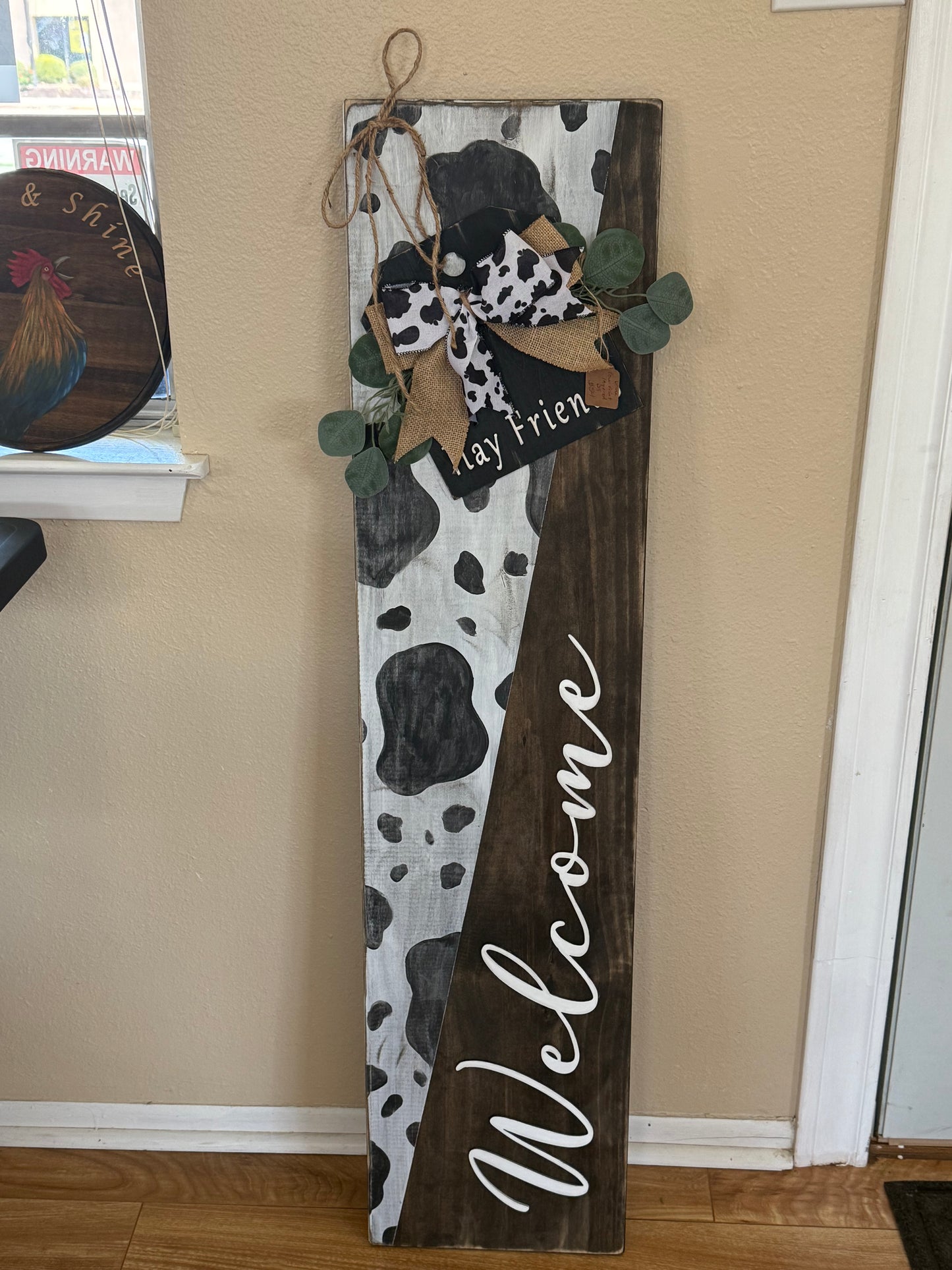 Cow Print Hay Friends Welcome Door Sign