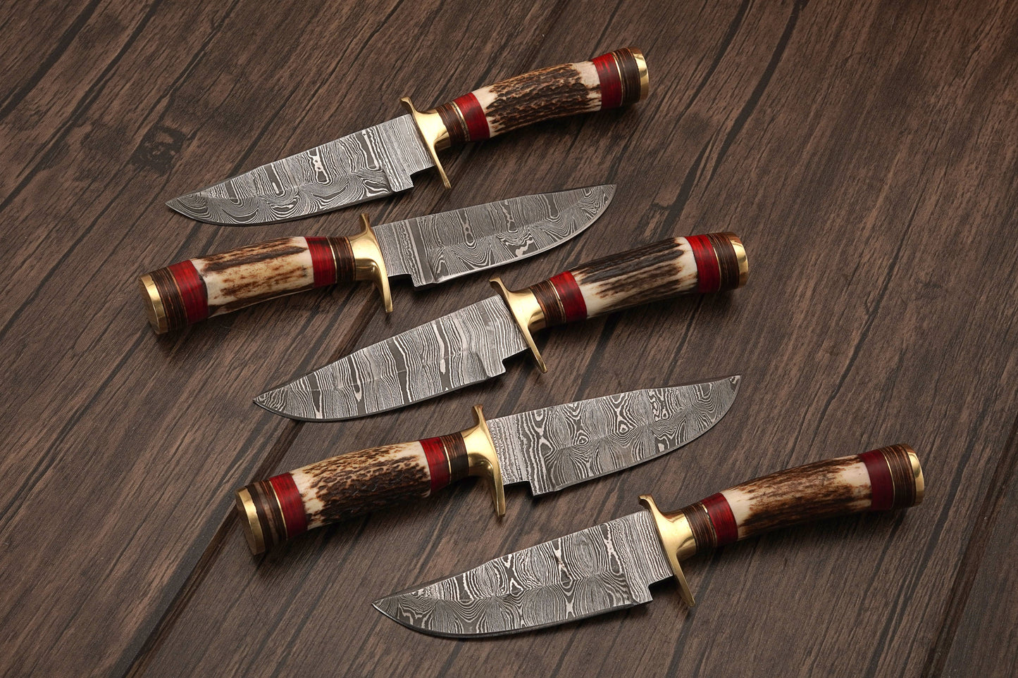 8" Damascus knife with leather sheath, Stag horn handle