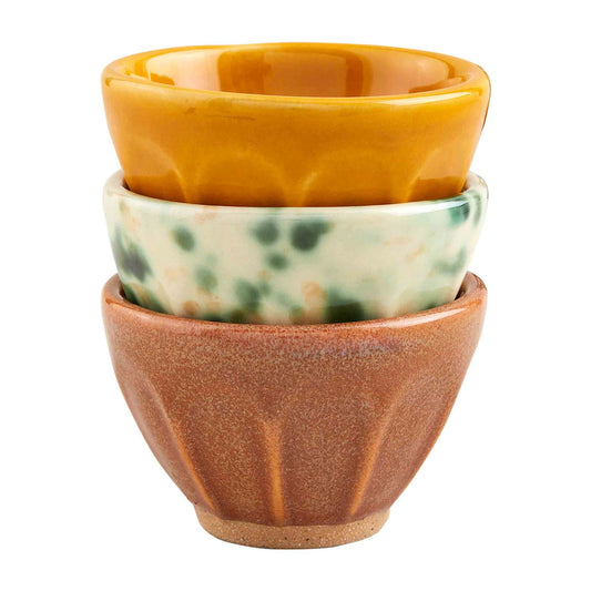 Set of 3 Reactive Glaze Stoneware Dip Bowls – Yellow & Brown Splatter