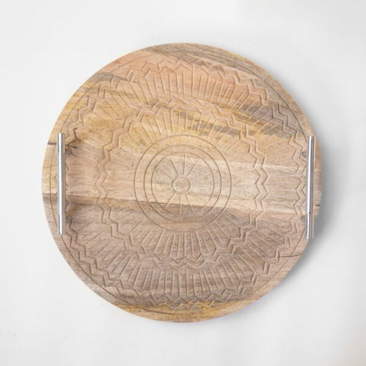 13" Carved Tray w/ Wood Handles