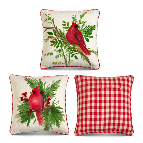 Gingham Cardinal on Branch Pillow