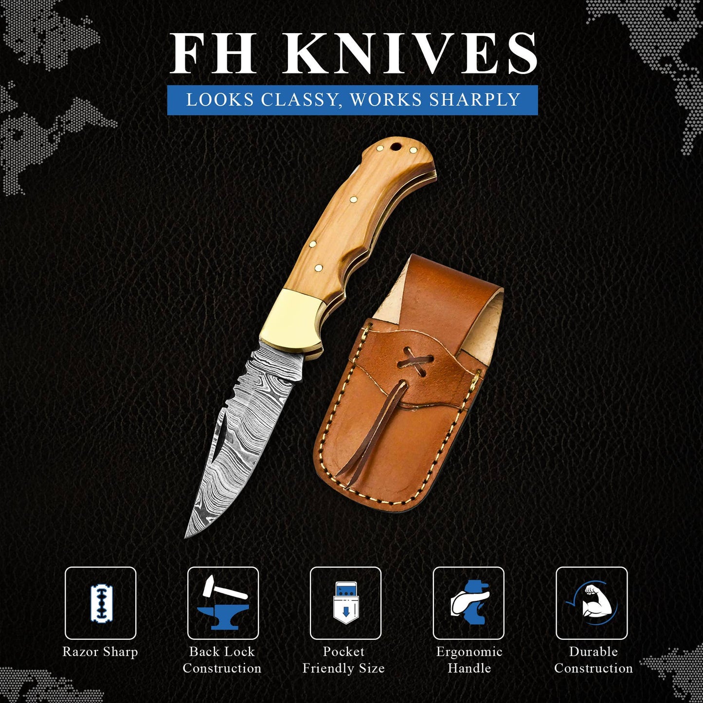 6.5" Handmade damascus folding knife, Pocket Knife