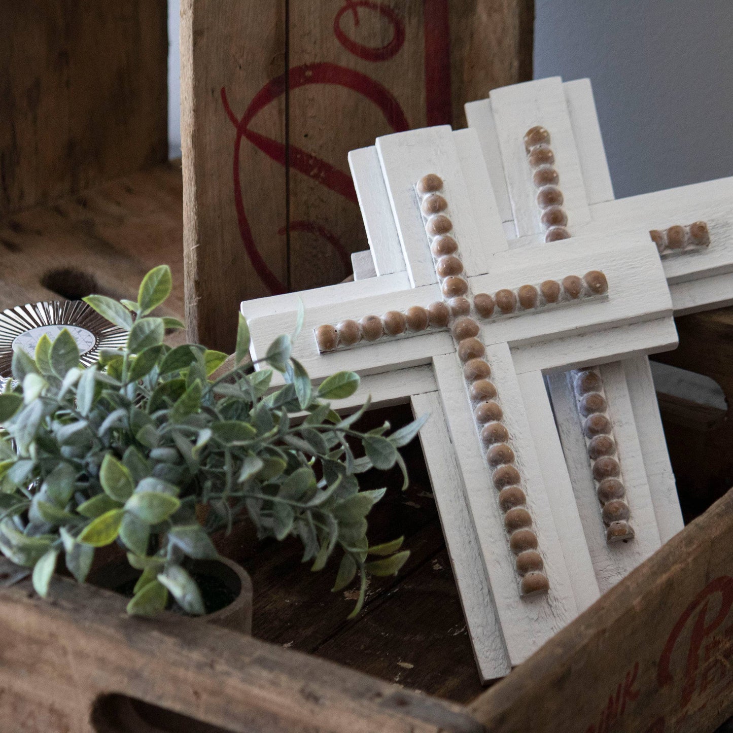 White Wood and Natural Bead Easter Wall Cross