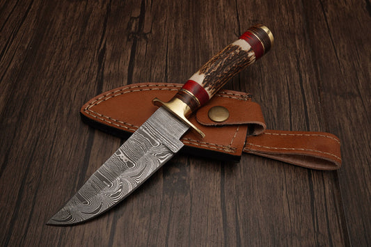 8" Damascus knife with leather sheath, Stag horn handle