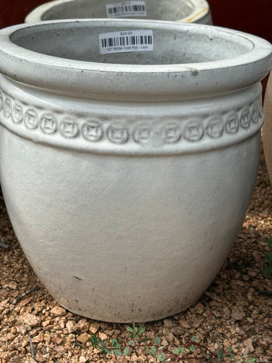 12" White Coin Pot - Lion