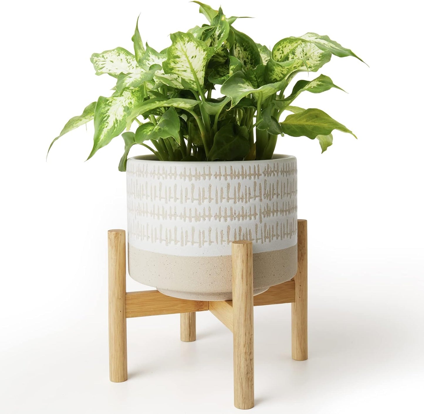 Boho Style Pot with Wood Planter Holder-Light Beige & White