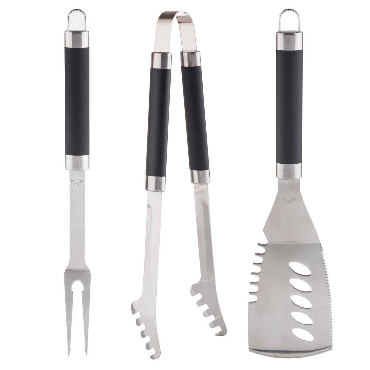 Black Grilling Tools Set, Includes Tongs, Turner & Fork