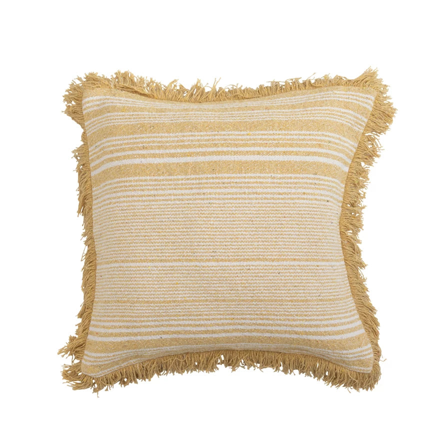 20" Square Woven Pillow w/ Yellow & Cream Stripes & Fringe