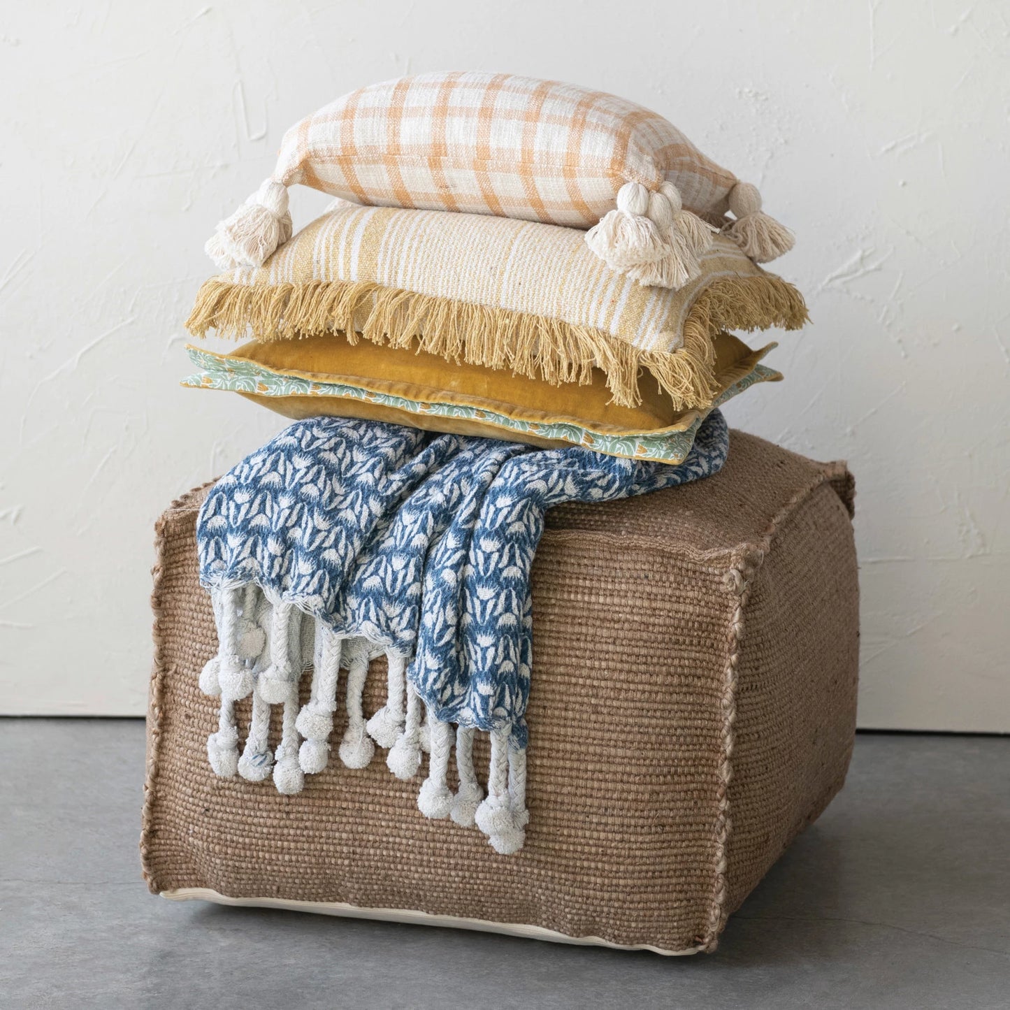 20" Square Woven Pillow w/ Yellow & Cream Stripes & Fringe