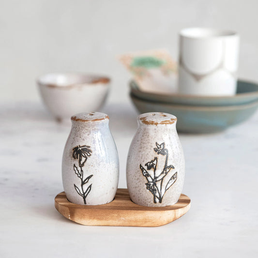 Stoneware Salt & Pepper Shakers w/ Tray