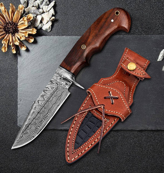 10" Handmade damascus steel knife with leather sheath