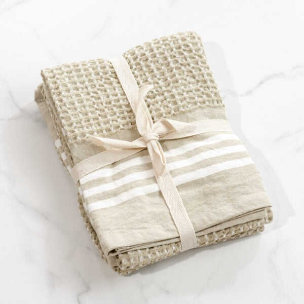 Set of 2 Double Stripe Taupe Waffle Towels